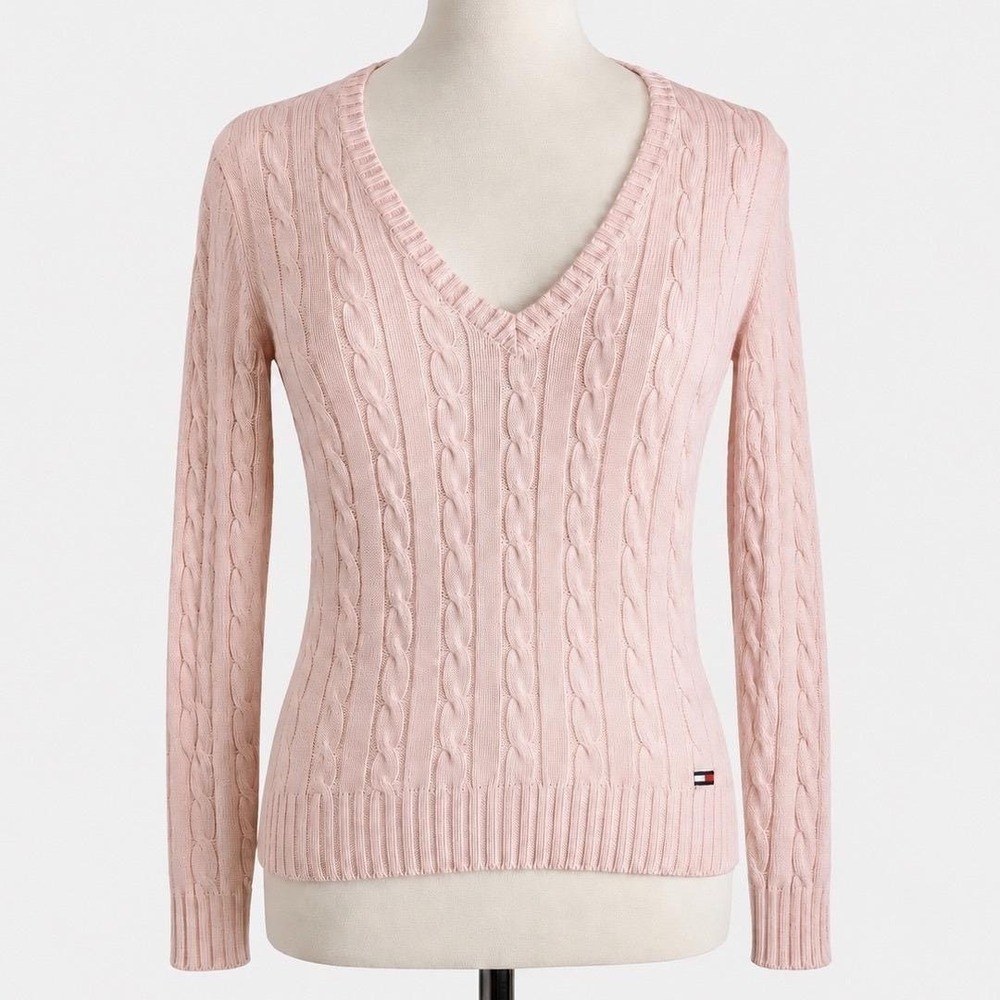Tommy Hilfiger Pink Cable Knit Sweater Medium Y2K Preppy Cottagecore Cotton